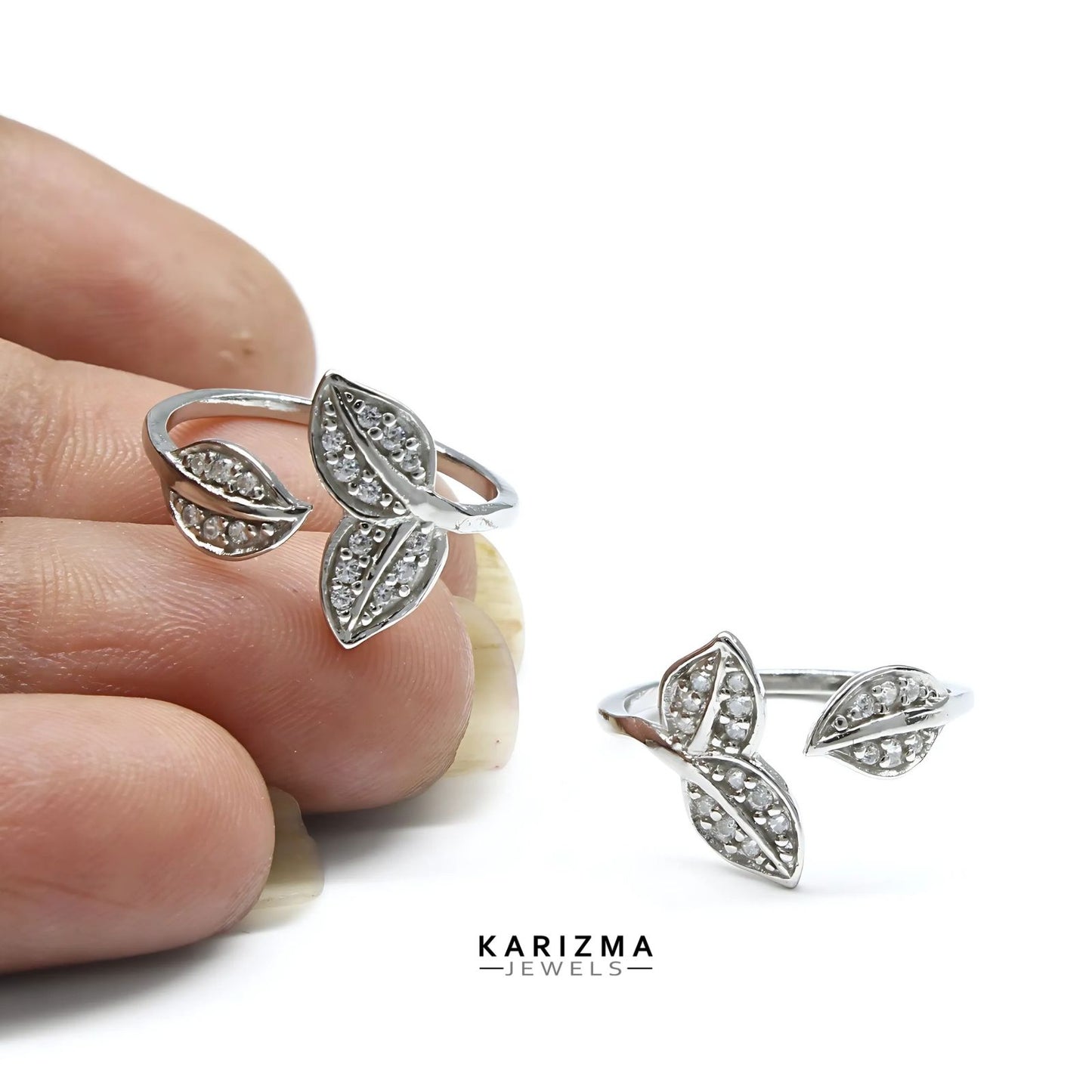 925 Real Sterling Silver women Adjustable Leaf design White CZ Toe Ring - Pair