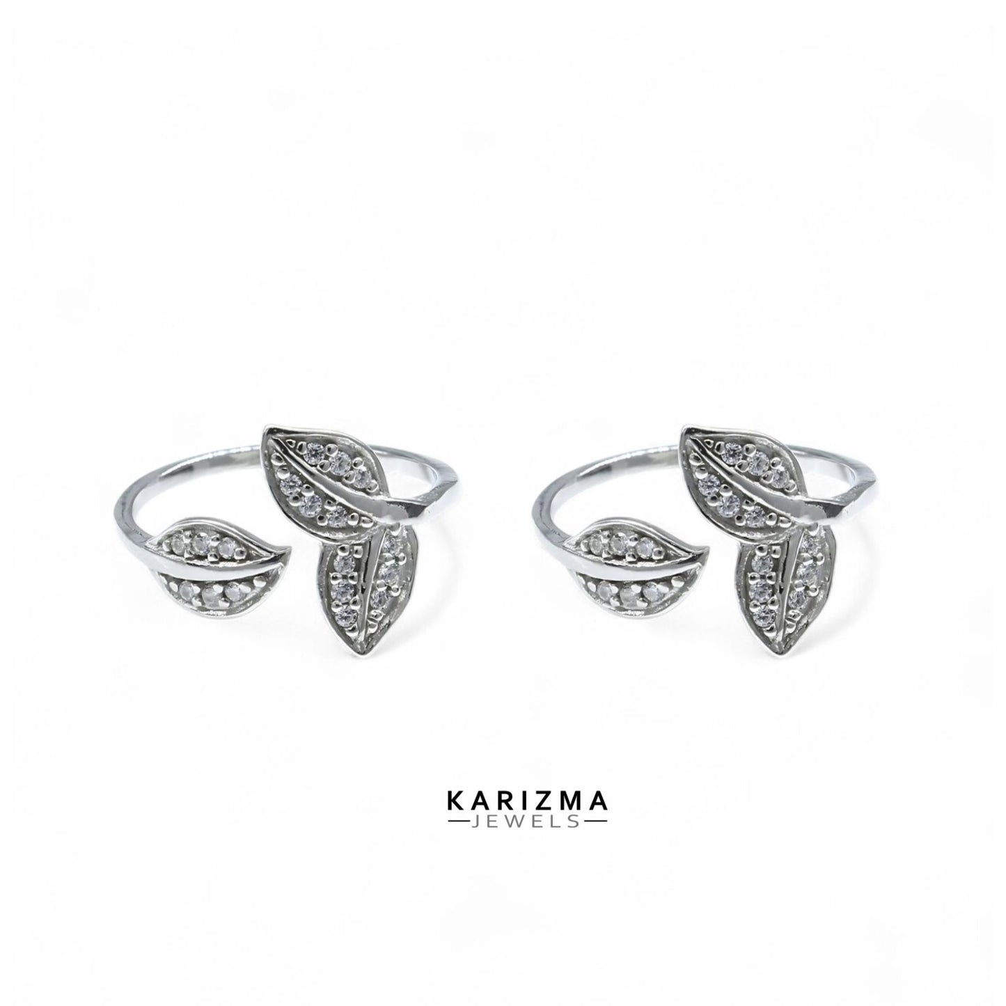 925 Real Sterling Silver women Adjustable Leaf design White CZ Toe Ring - Pair