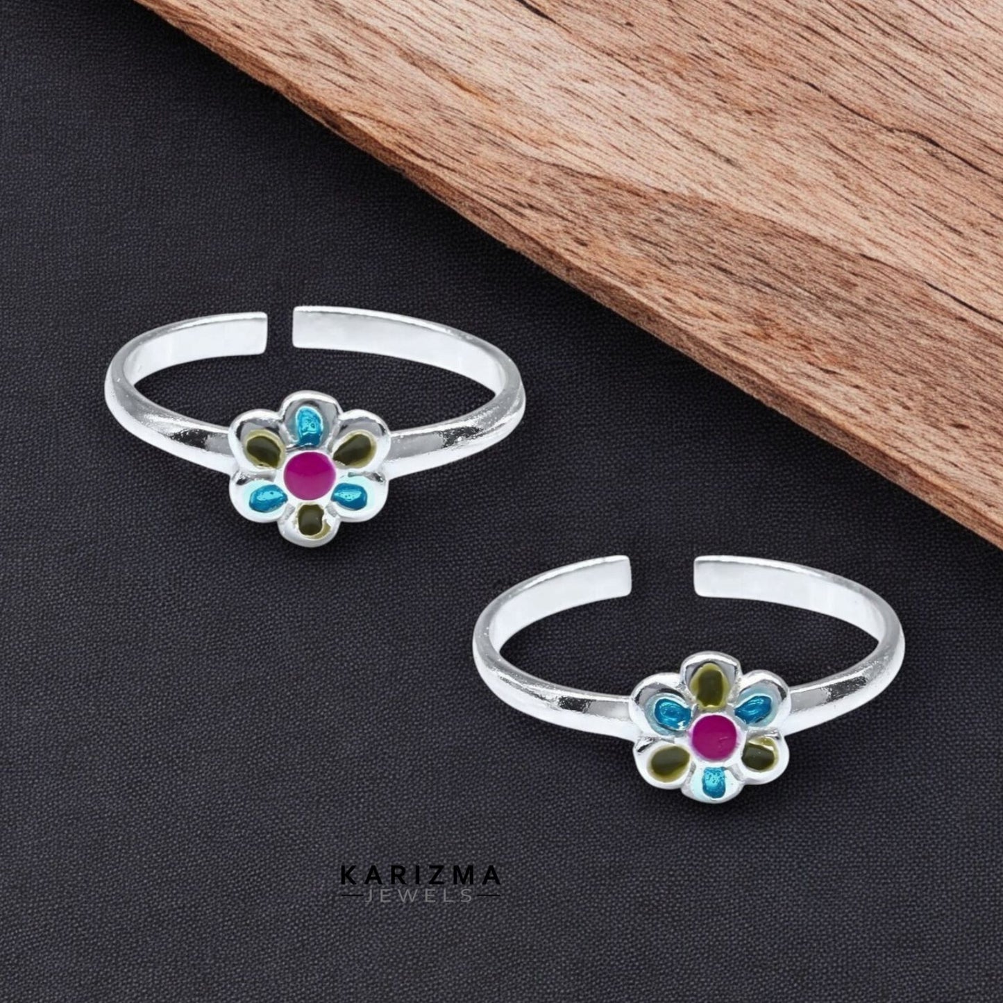 925 Real Sterling Silver women Enamel Floral handmade Toe Ring - Pair