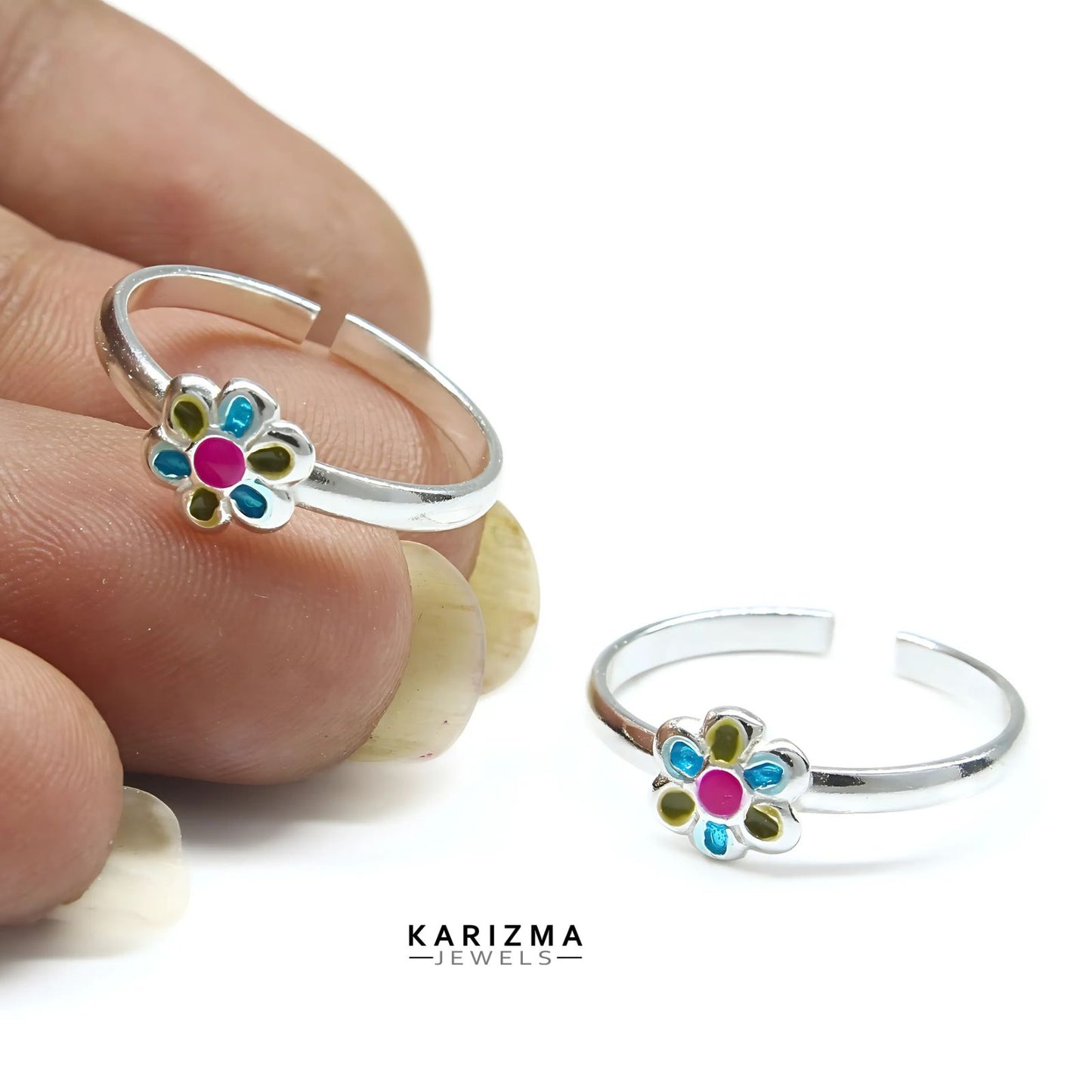 925 Real Sterling Silver women Enamel Floral handmade Toe Ring - Pair