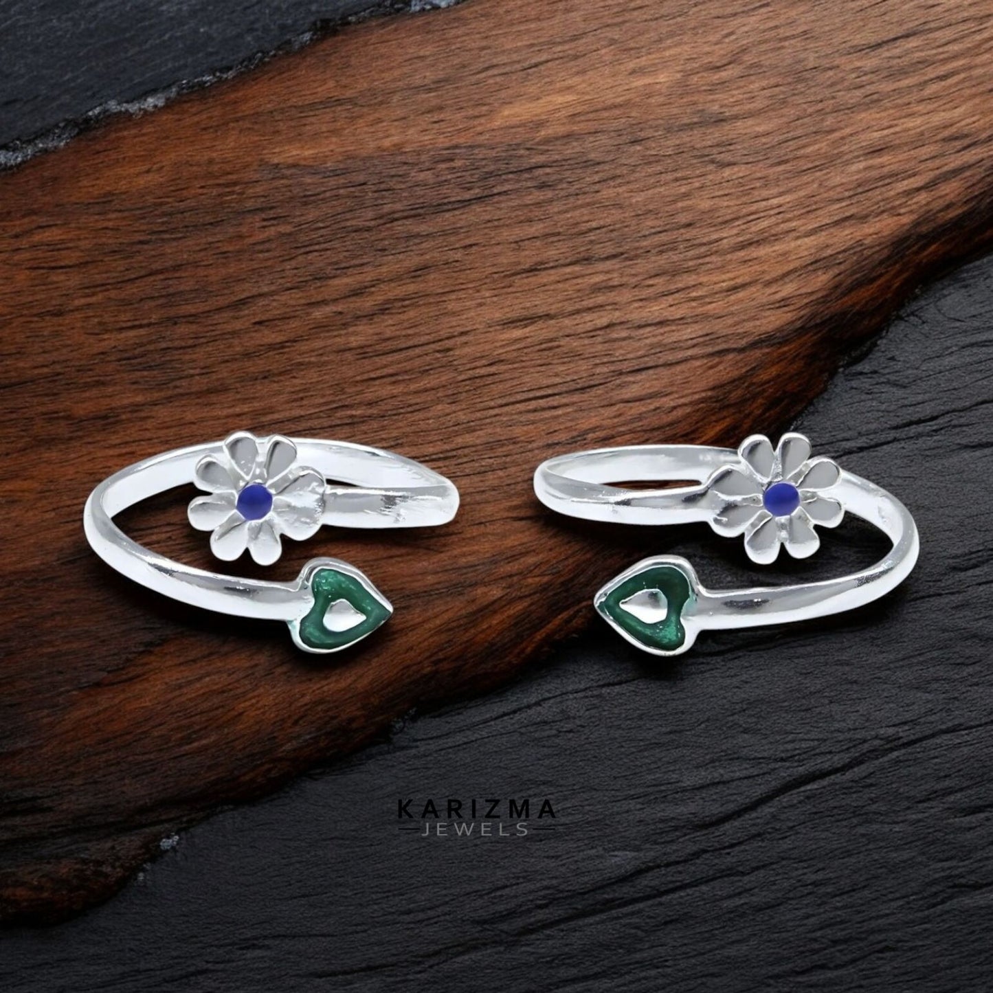 925 Real Sterling Silver women Enamel Heart Floral style Excellent Toe Ring - Pair