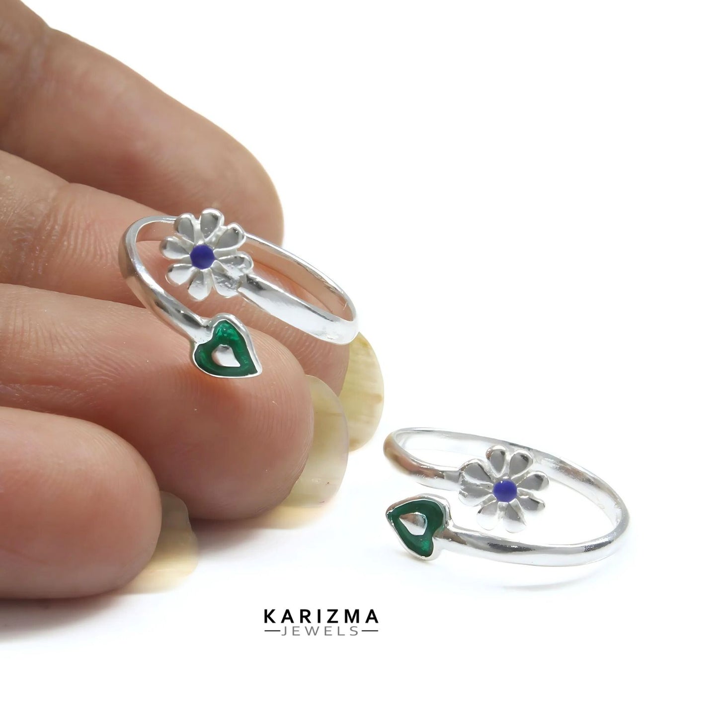925 Real Sterling Silver women Enamel Heart Floral style Excellent Toe Ring - Pair