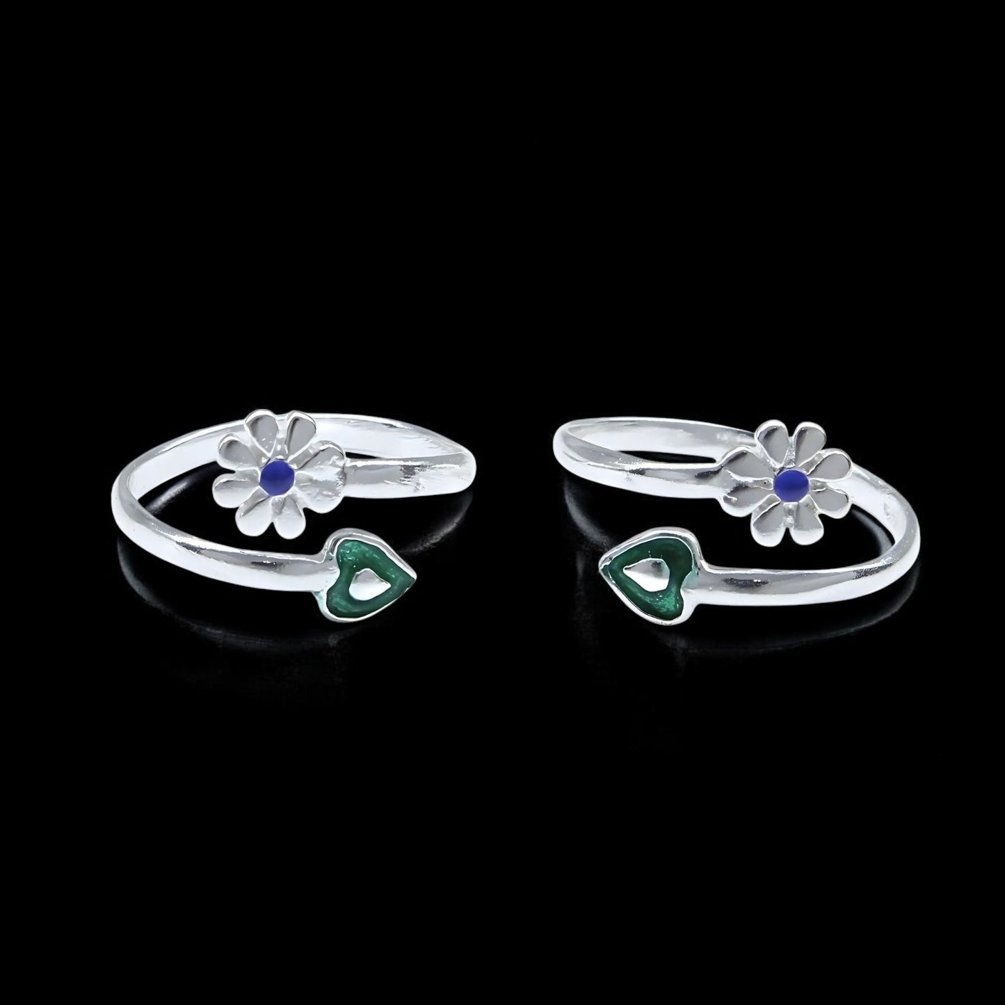 925 Real Sterling Silver women Enamel Heart Floral style Excellent Toe Ring - Pair