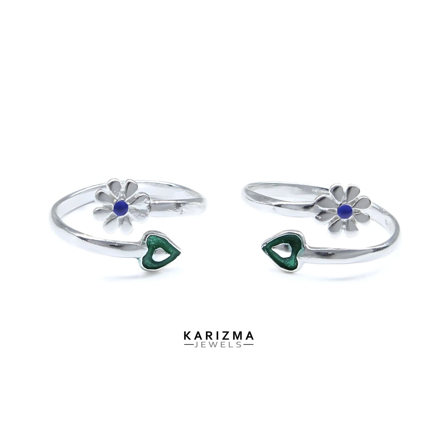 925 Real Sterling Silver women Enamel Heart Floral style Excellent Toe Ring - Pair