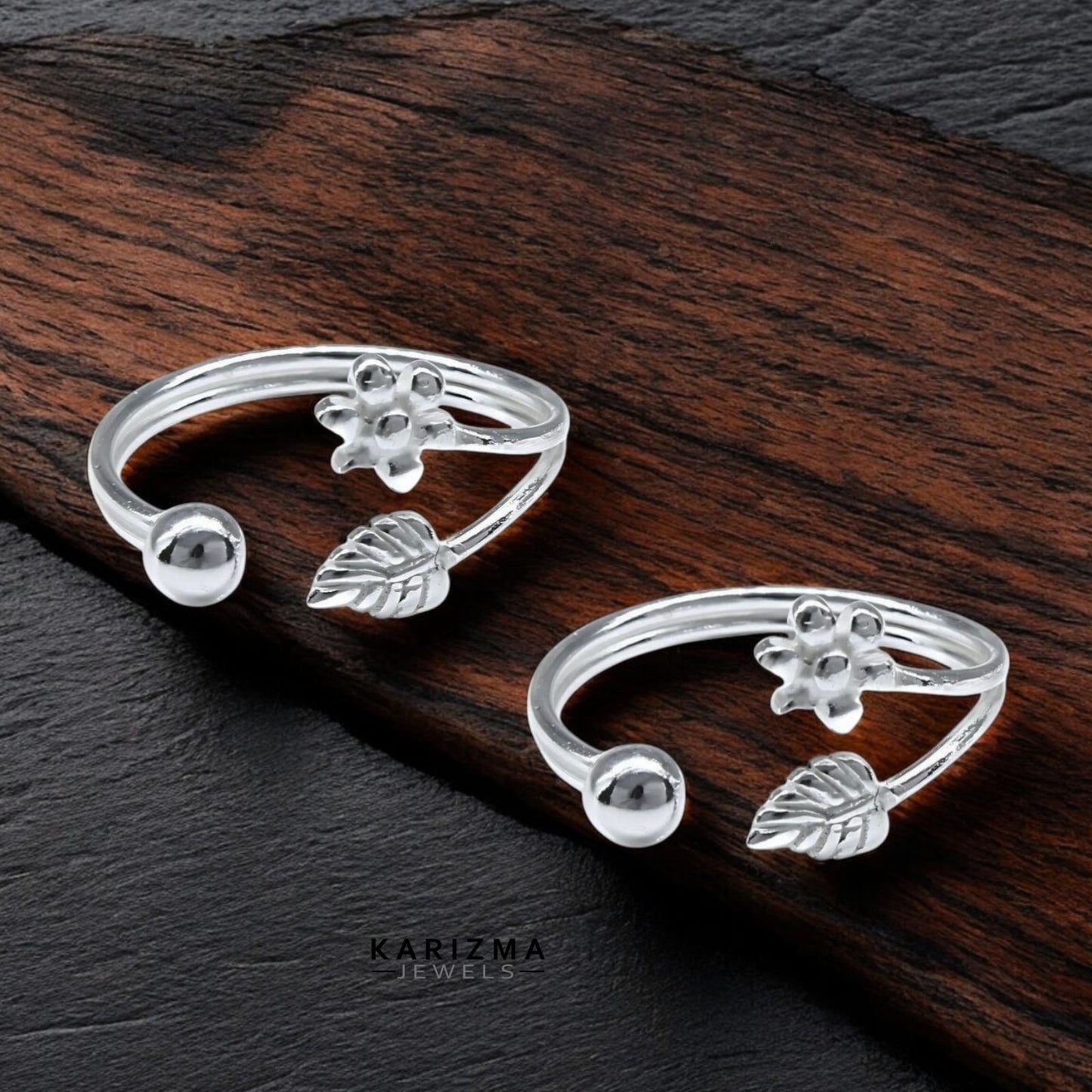 925 Real Sterling Silver women floral design Toe Ring - Pair