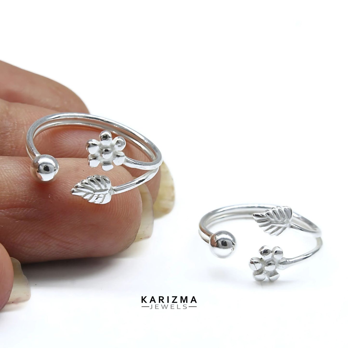 925 Real Sterling Silver women floral design Toe Ring - Pair