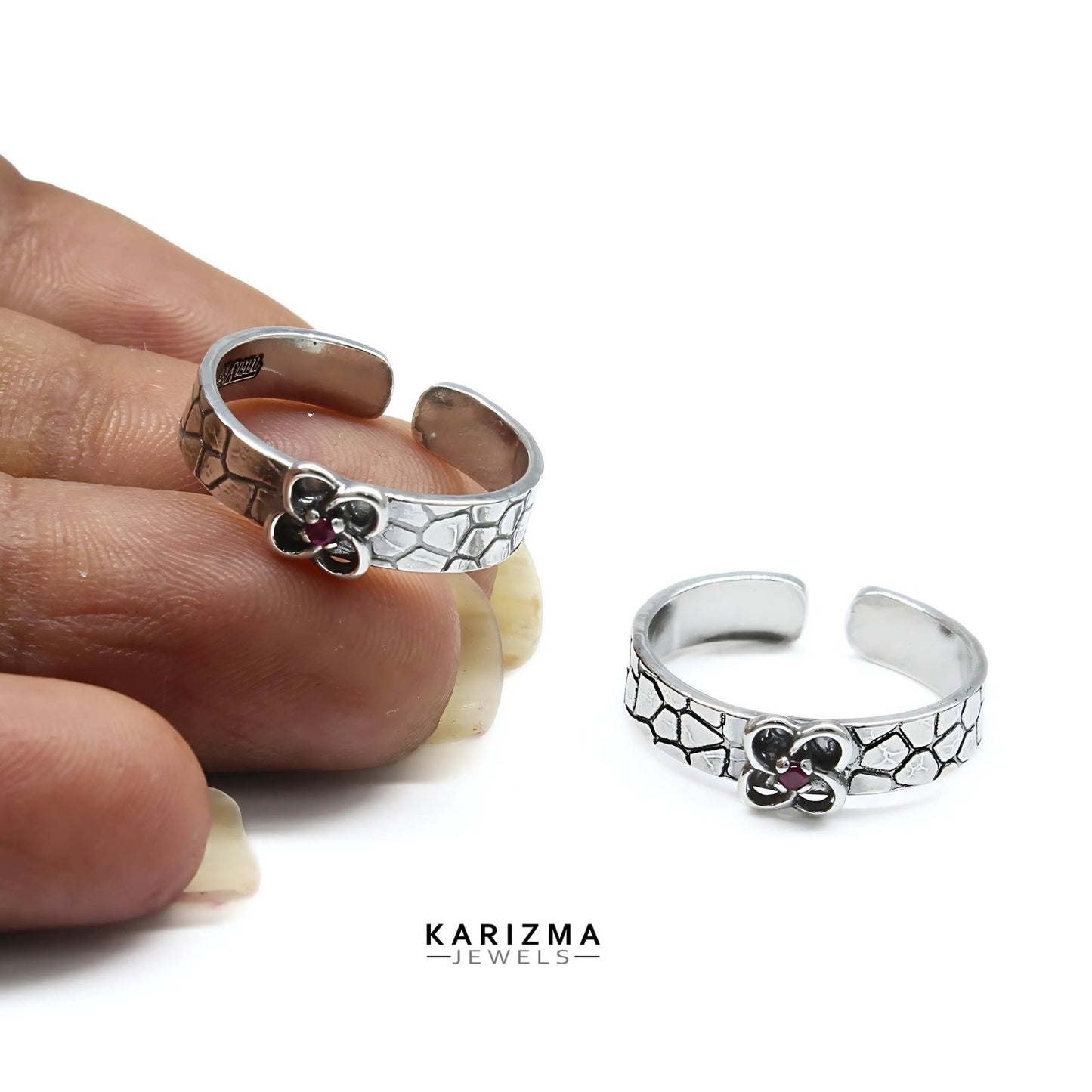 Boho style 925 Real Sterling Silver Oxidized Pink CZ women Toe Ring - Pair