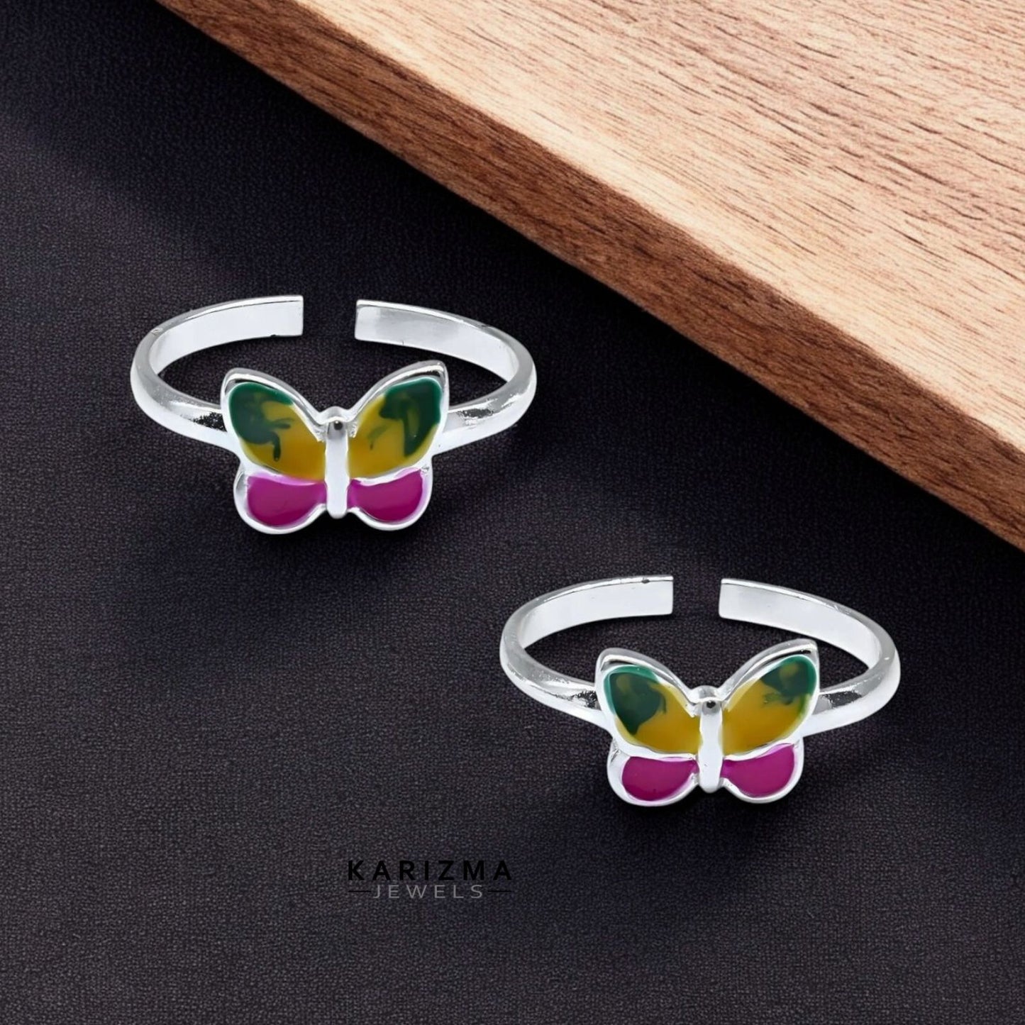 925 Real Sterling Silver women Enamel Butterfly Toe Ring - Pair