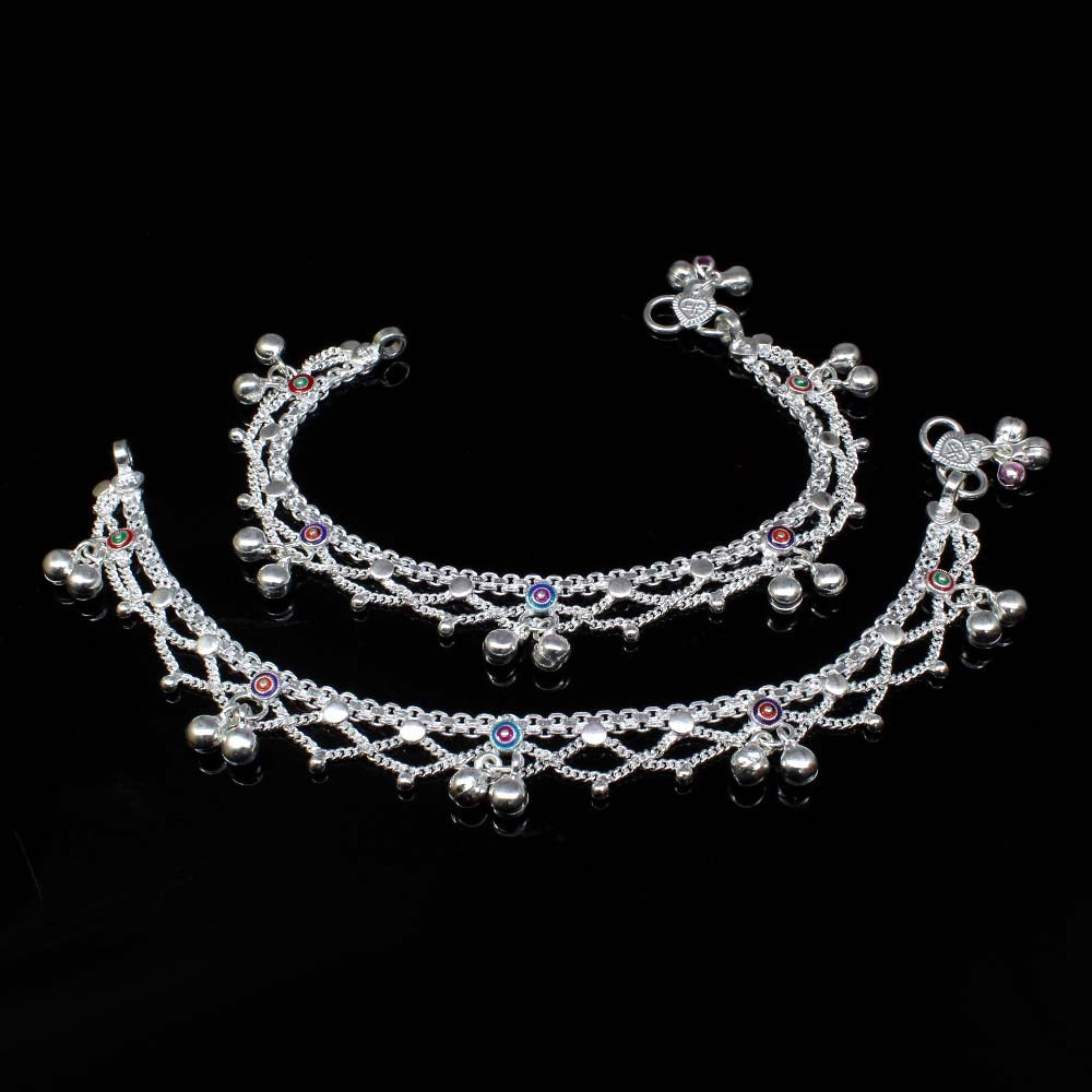 Cute 925 Solid Silver Jewelry Kids Anklets chain Indian Style baby Bracelet 7.3"