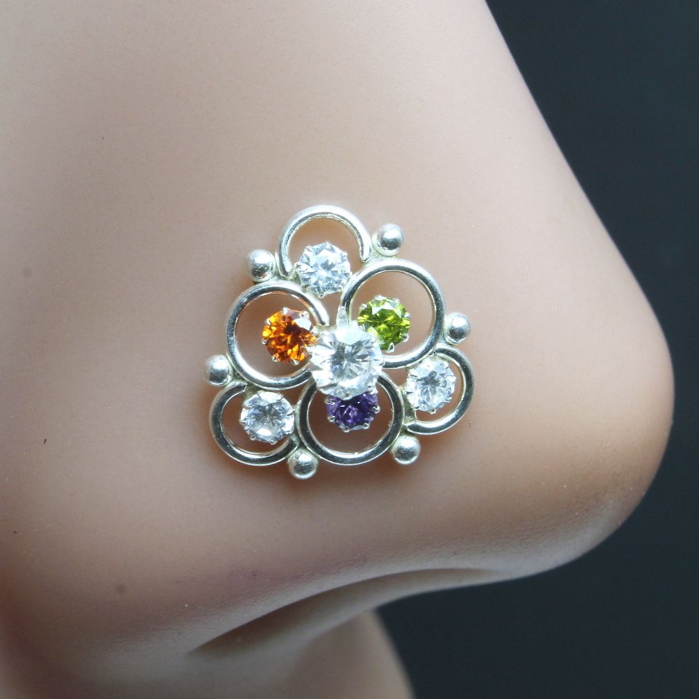 Real Silver Nose pin with Multiple Shiny Stones for women