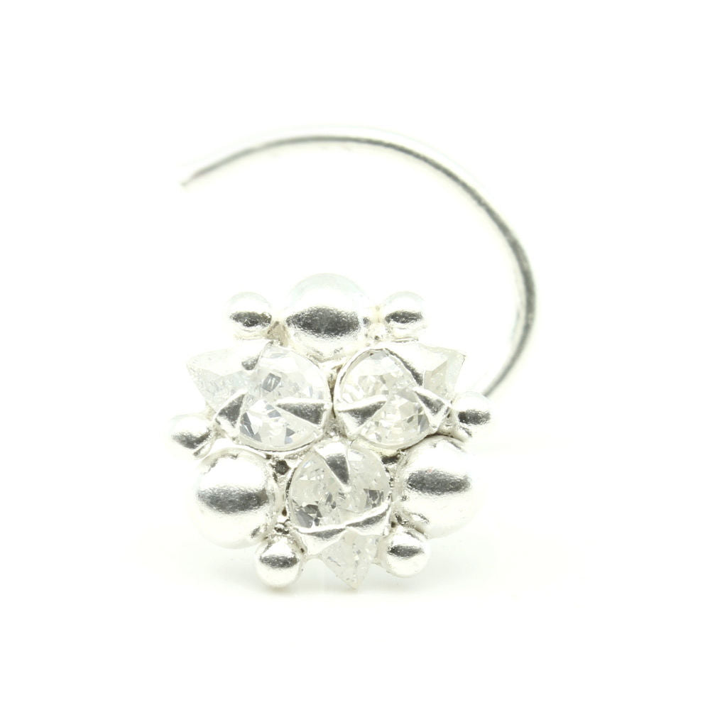 Real Silver Nose Ring with White Shiny Stones for women