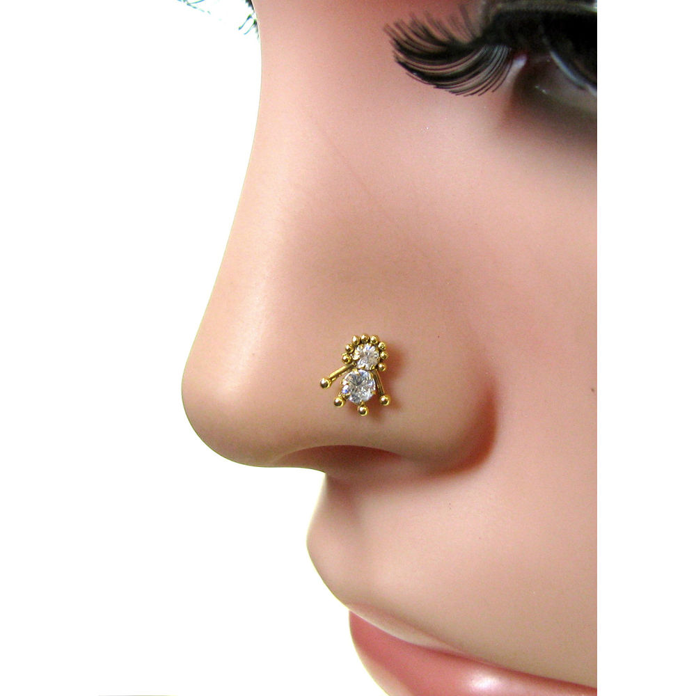 Traditional Style CZ sterling Silver Gold Plated Nose Stud Screw Ring