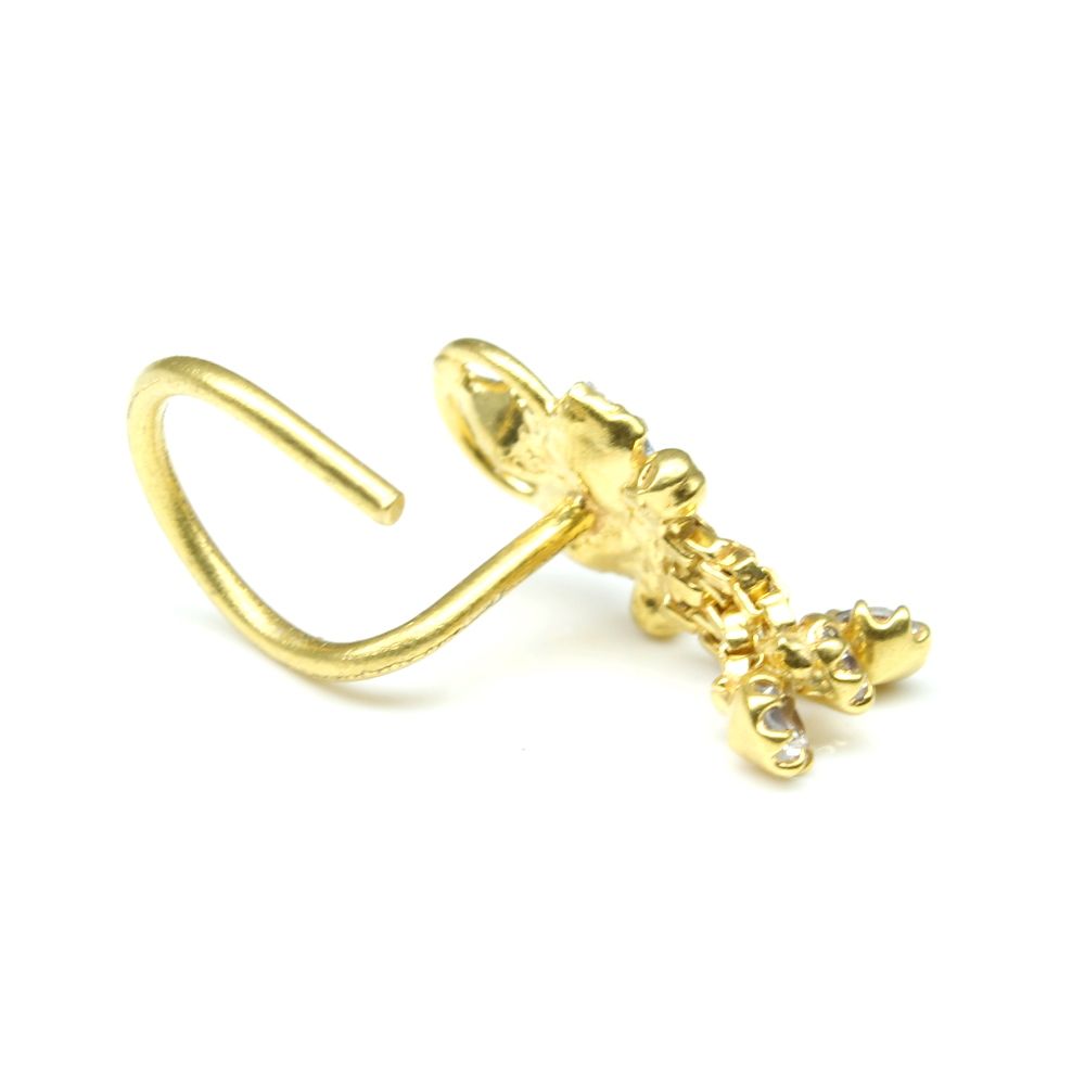 Gold Plated CZ Dangle Corkscrew Nose Stud