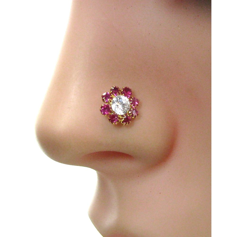 Real gold Nose ring with pink and white shiny stone