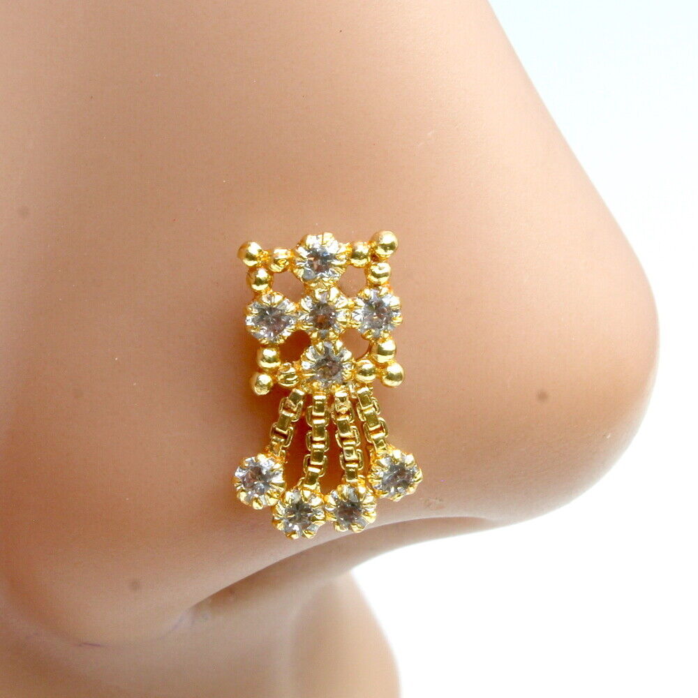 Stylish Gold Plated Dangle Indian Handmade Nose ring White CZ Twisted