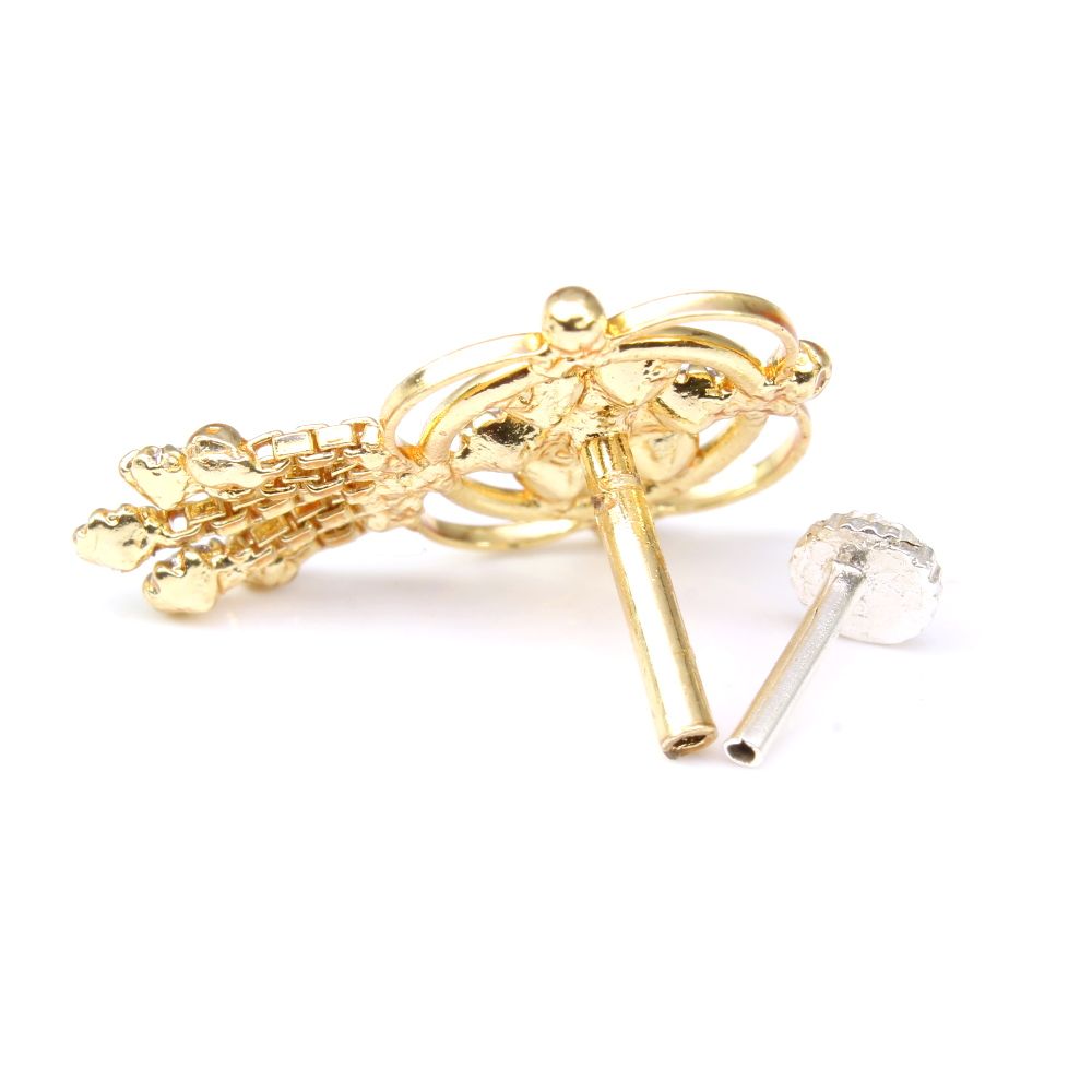 Dangle Gold Plated Nose Stud White CZ Push Pin