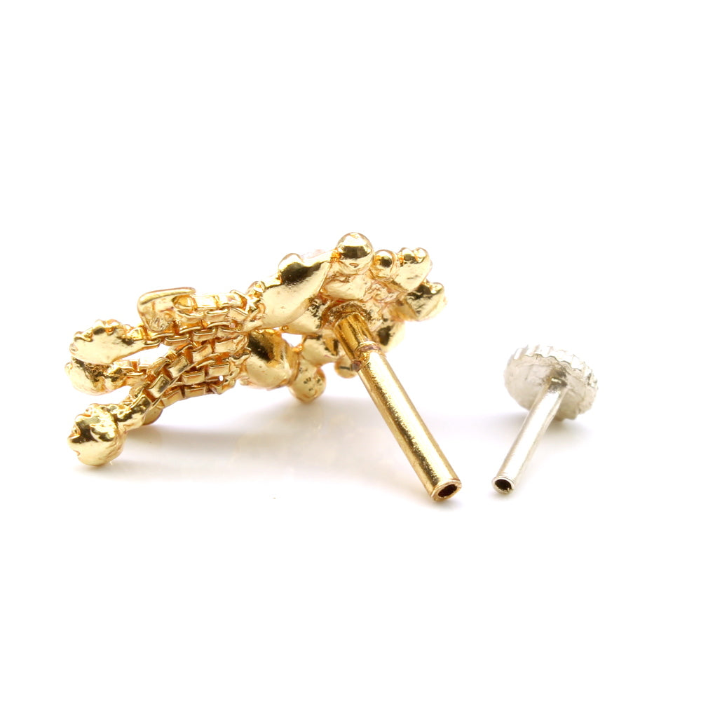 Ethnic Indian Dangle White CZ Gold Plated Nose Stud Push Pin