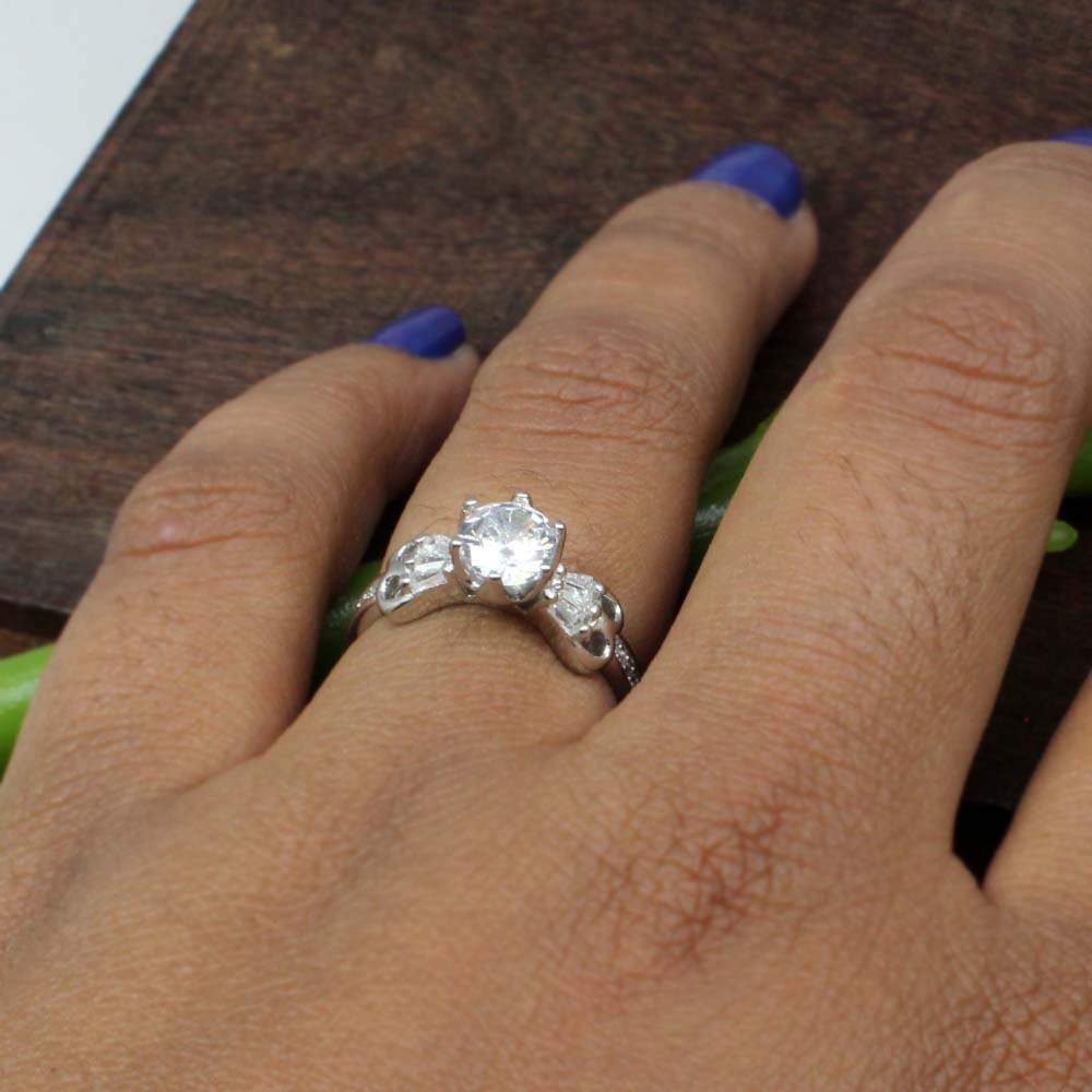 Cute Indian Style Real 925 Solid Silver Ring White CZ Studded Platinum Finish