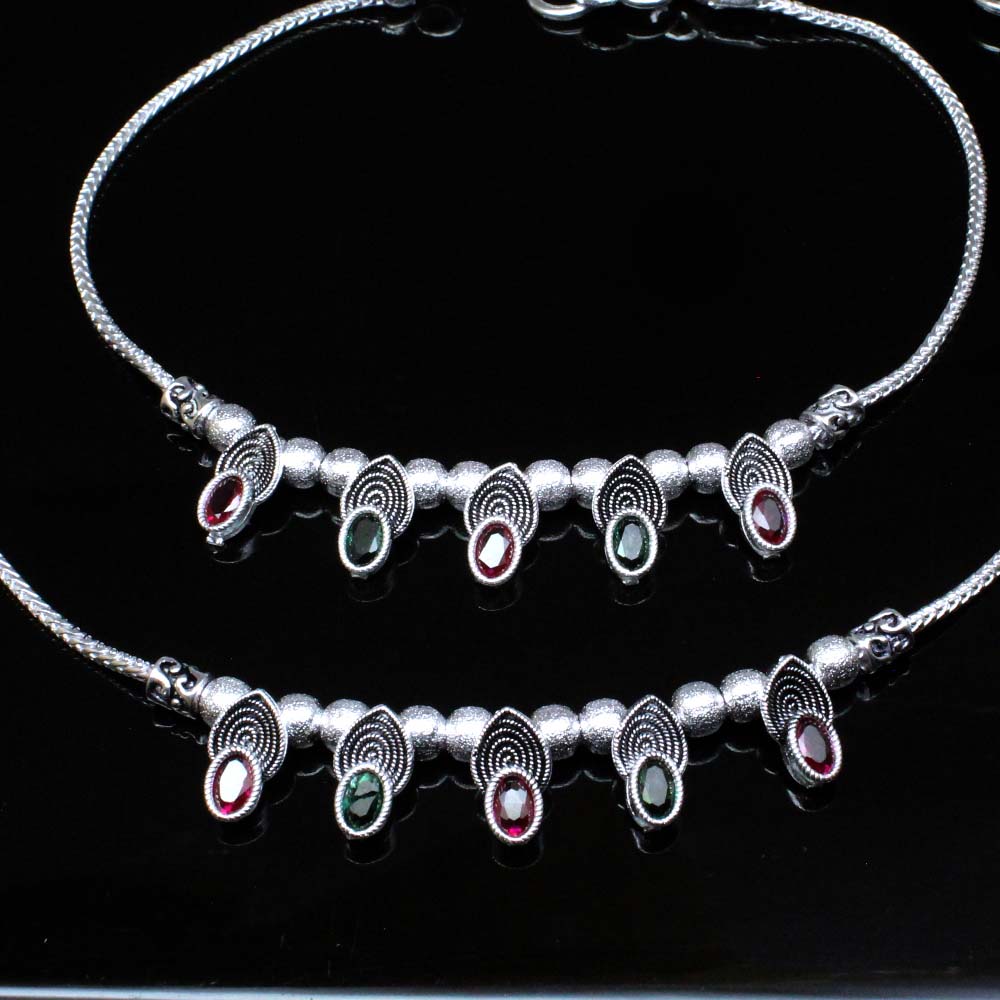 Real Silver Anklets Oxidized CZ Ankle Indian Women Style Bracelet Pair 10.8"
