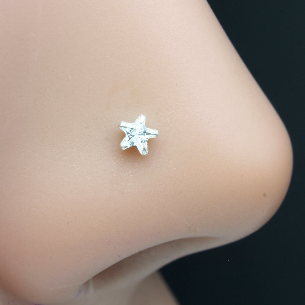 925 Real Silver Tiny Nose Stud White Star CZ Twisted nose ring L Bend –  Karizma Jewels