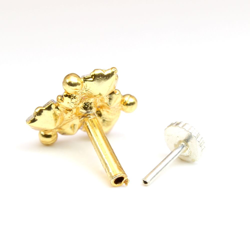 Gold Plated Piercing 16g CZ Nose Stud Push Pin