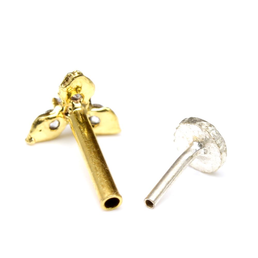 White CZ studded gold plated Nose stud push pin