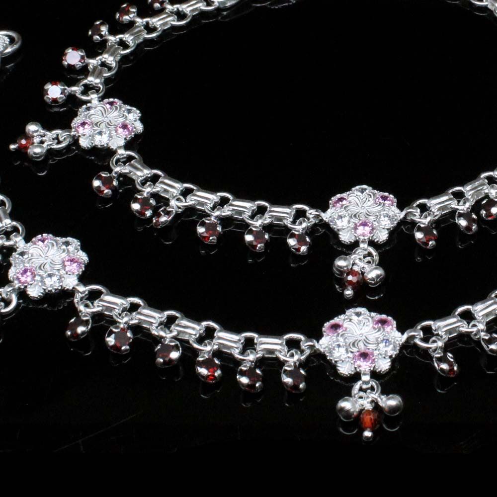 Silver CZ floral Anklets For Women10.7"