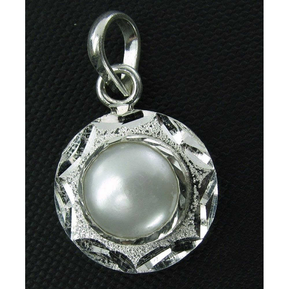 SILVER PENDANT WHITE PEARL MOTI BIRTH STONE RATAN