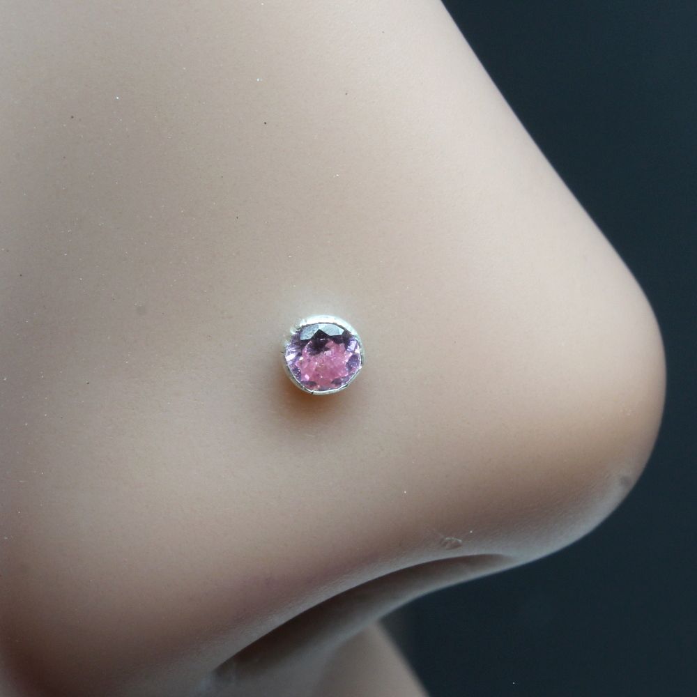 Silver Nose pin with pink color stone