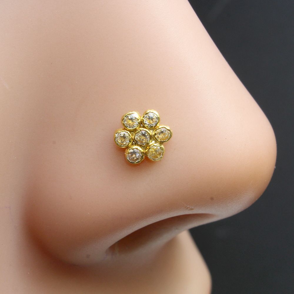14k Real Gold Floral Nose pin with White stones - Main Image