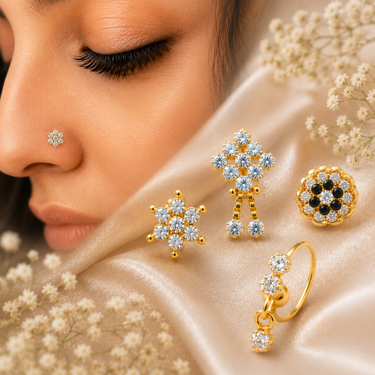 Indian Gold Plated Nose Studs and Nose Rings with Dangle chains and handcrafted style with cubic zirconia stones.