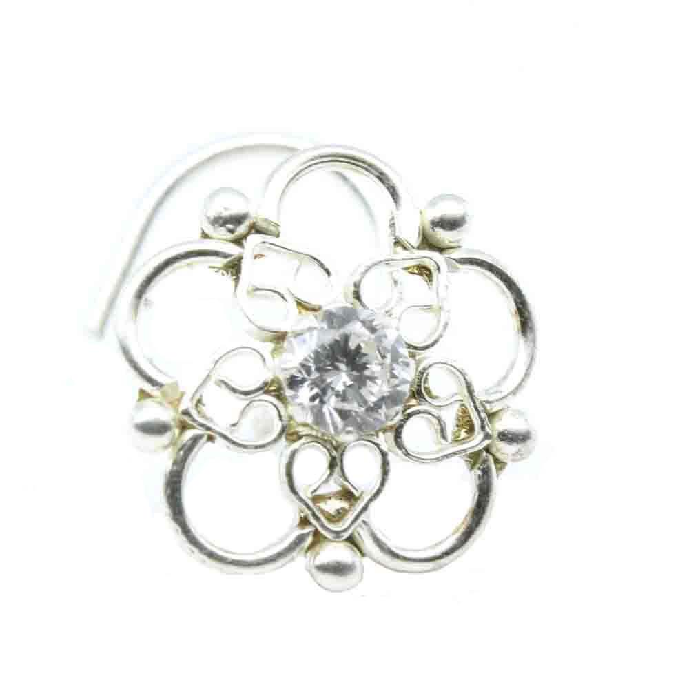 925 Sterling Silver Floral Nath with one white stone