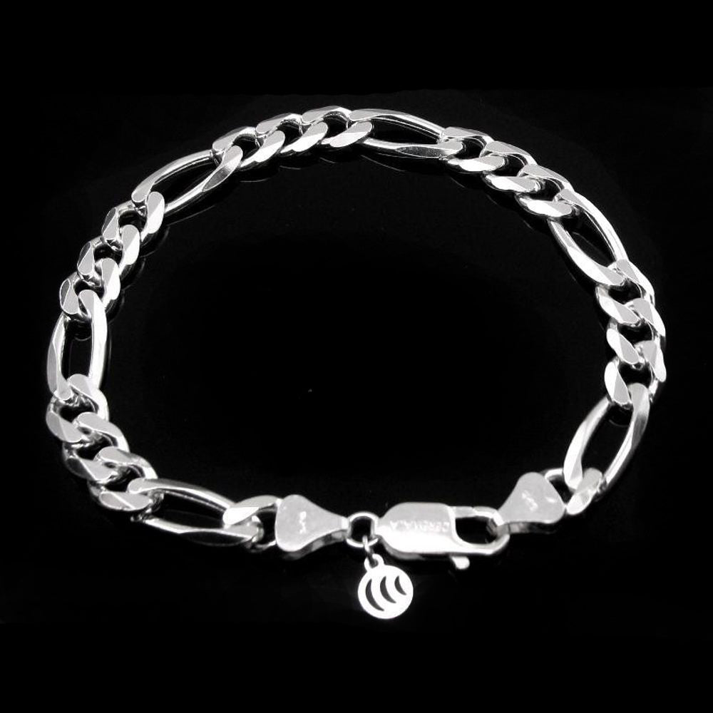 Real Sterling Silver Figaro Link Men's Bracelet