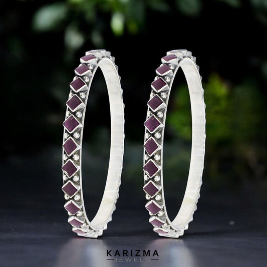 Real 925 Silver Pink Ruby Women Excellent Oxidized Bangles Pair - 6.2 CM