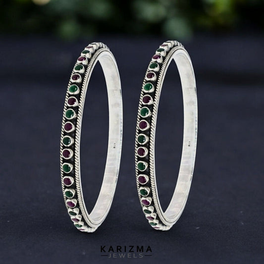 Real 925 Silver clear stone Women gifting Oxidized Bangles Pair - 6.2 CM