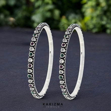 Real 925 Silver Multi CZ Women Oxidized amazing Bangles Pair - 6.4