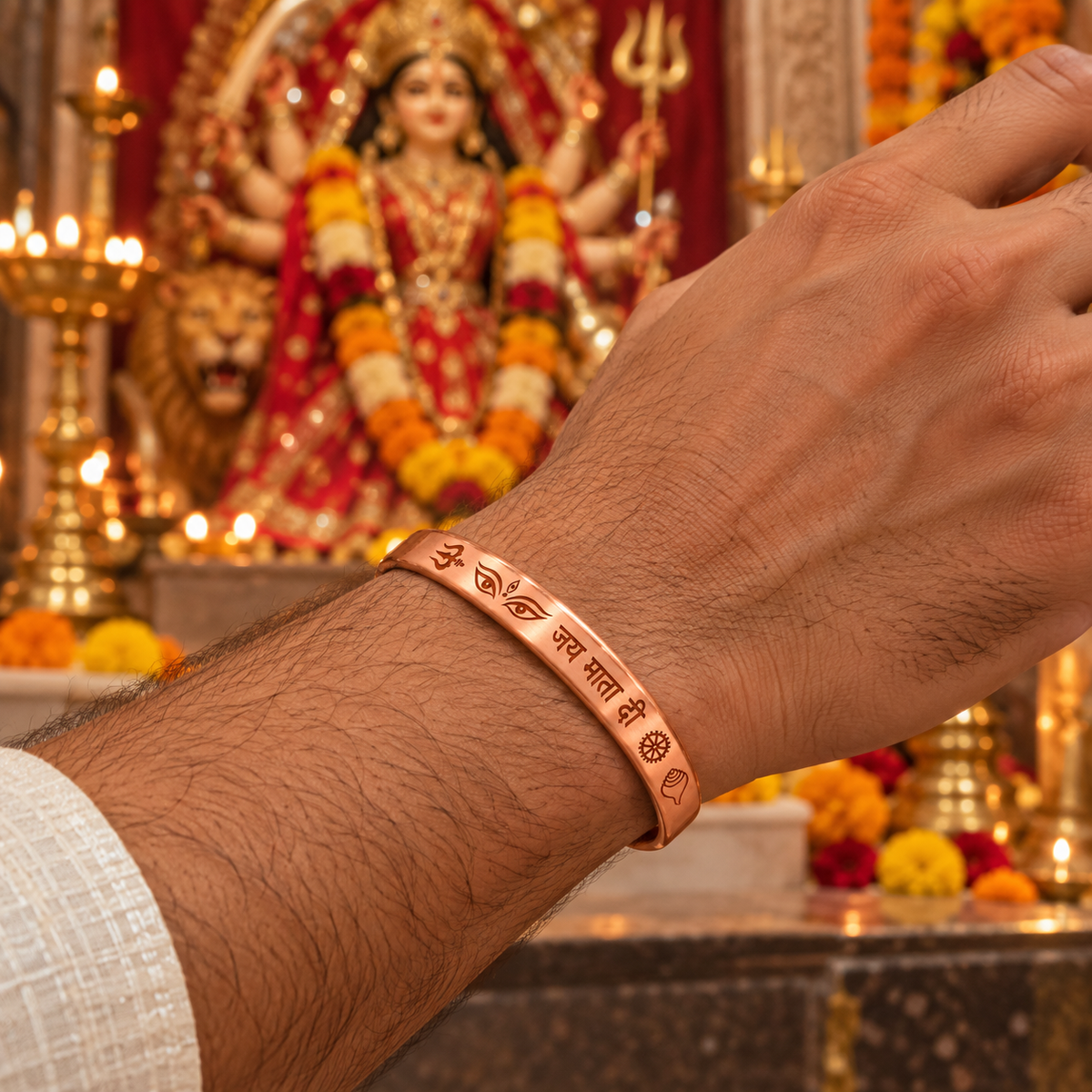 Jai Mata Di Pure Copper Kada – Durga Eyes Engraved Open Cuff Bracelet