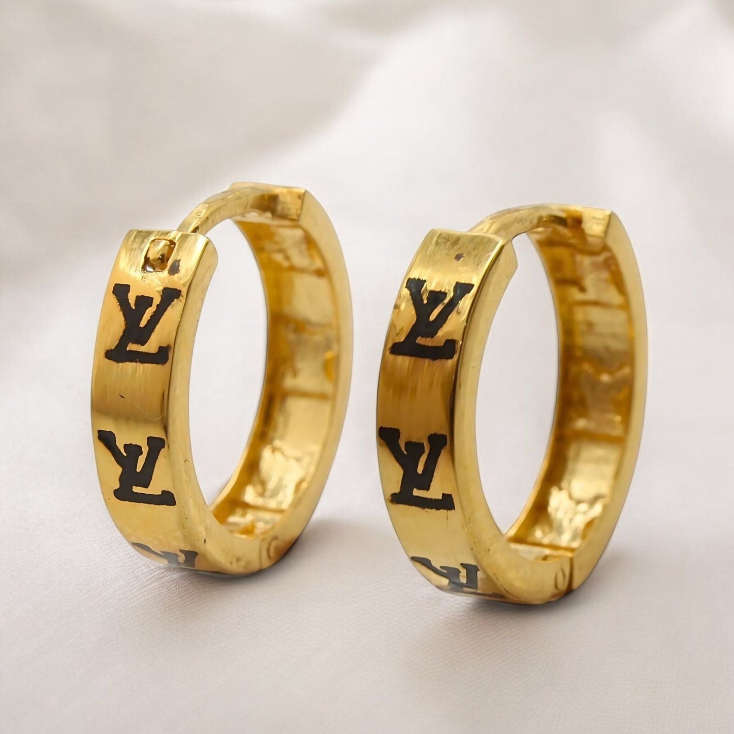 18k Real Solid Gold hinged hoop Louis Vuitton Design Earrings