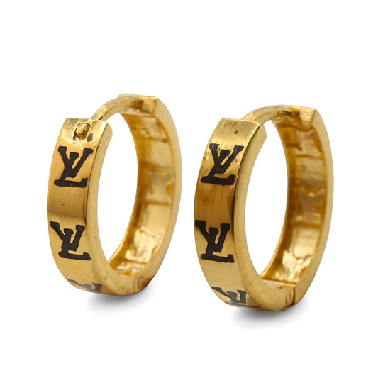 18k Real Solid Gold hinged hoop Louis Vuitton Design Earrings