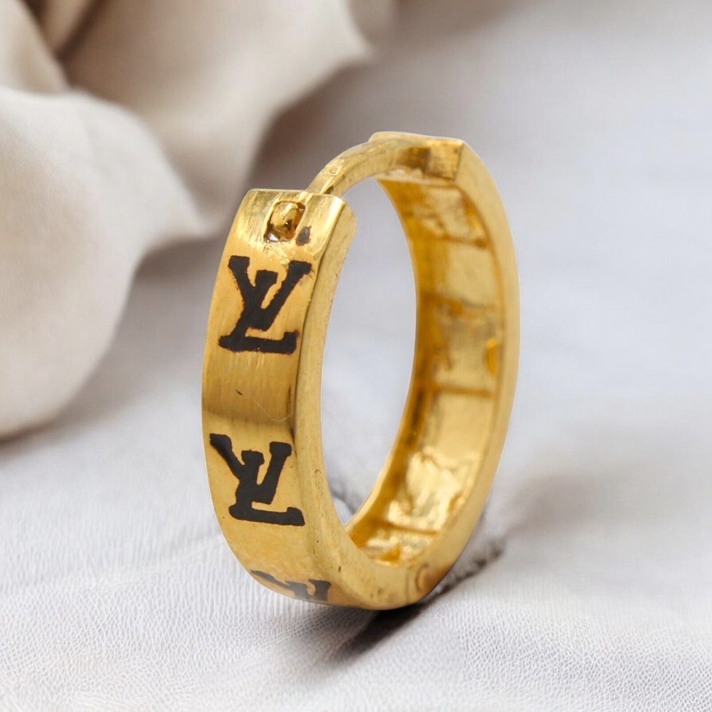 18k Real Solid Gold hinged hoop Louis Vuitton Design Earrings