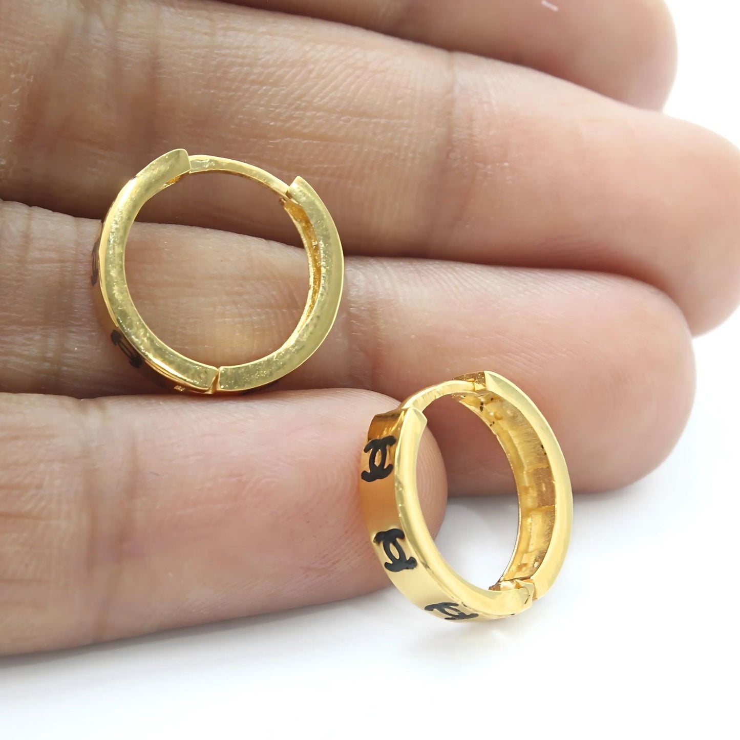 18k Real Solid Gold hinged hoop Double C Design Earrings