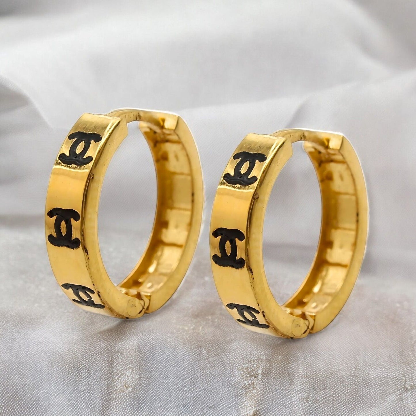 18k Real Solid Gold hinged hoop Double C Design Earrings