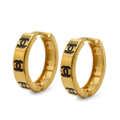 18k Real Solid Gold hinged hoop Double C Design Earrings