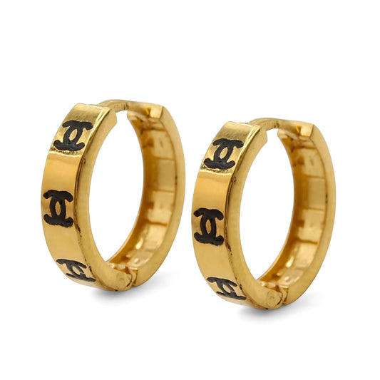 18k Real Solid Gold hinged hoop Double C Design Earrings