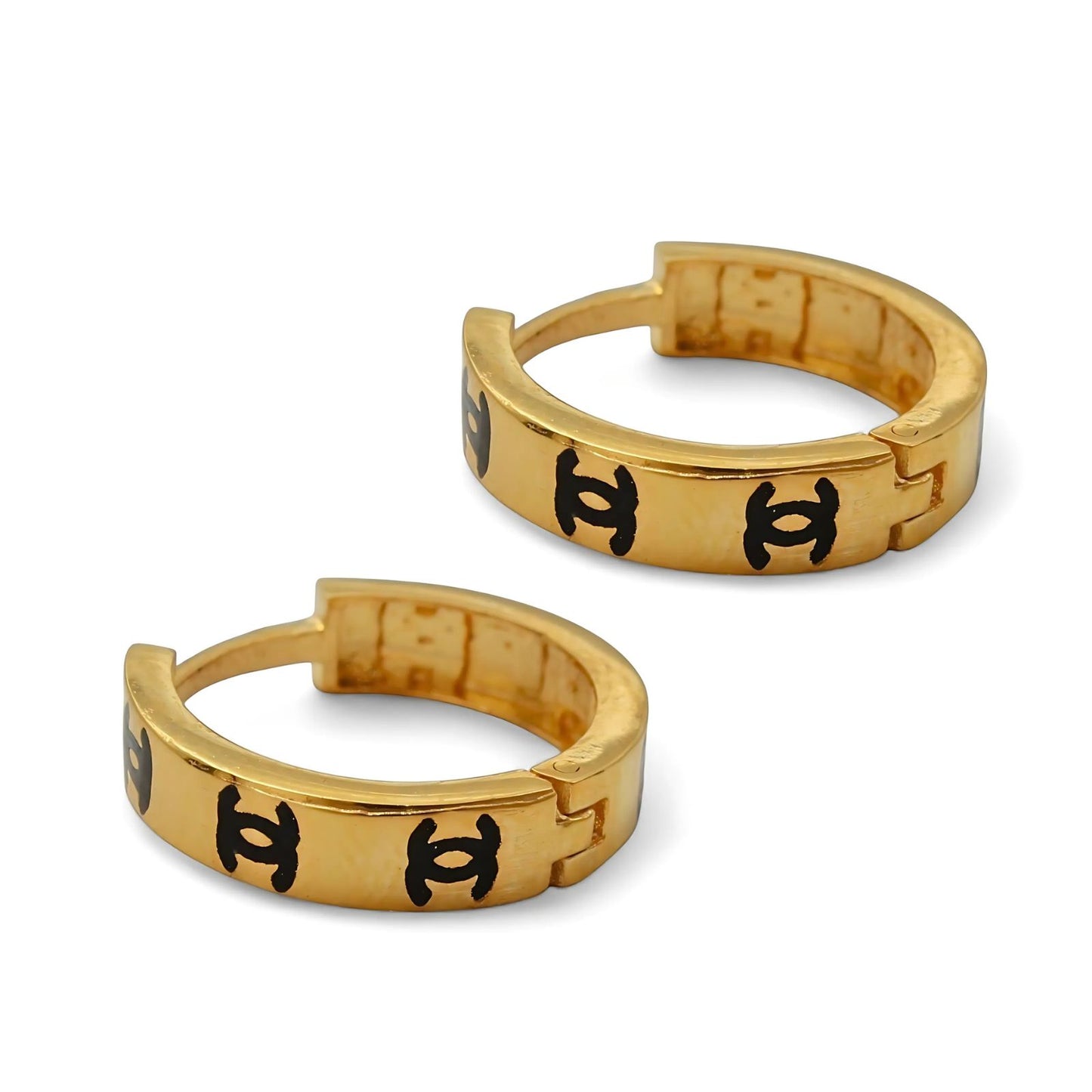 18k Real Solid Gold hinged hoop Double C Design Earrings