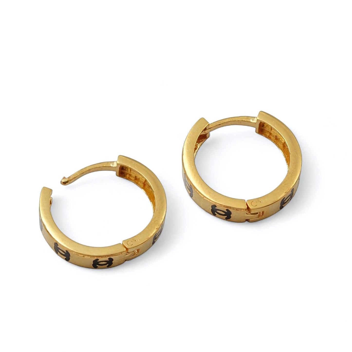 18k Real Solid Gold hinged hoop Double C Design Earrings