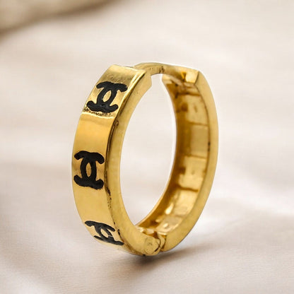 18k Real Solid Gold hinged hoop Double C Design Earrings