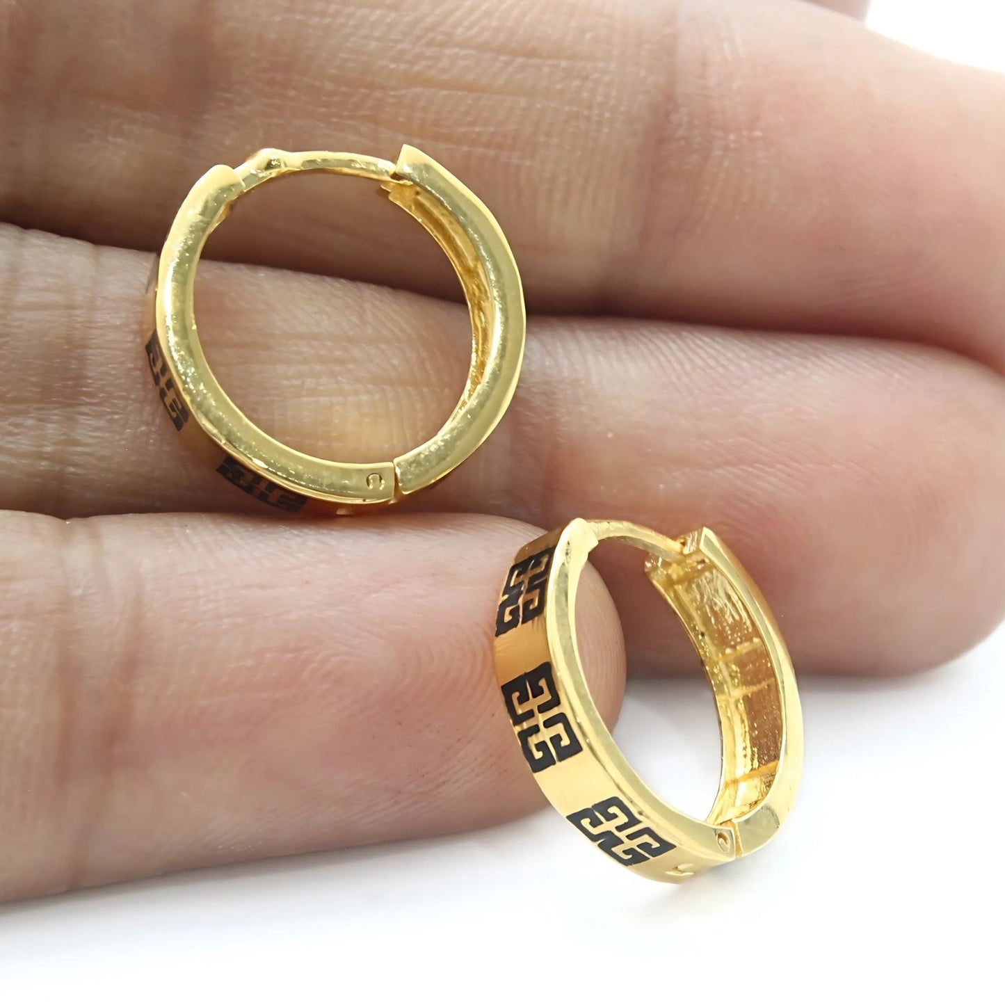 18k Real Solid Gold hinged hoop Unique Earrings