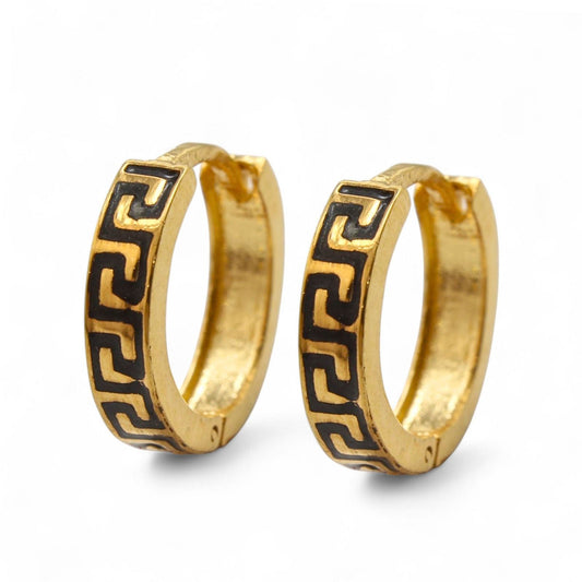 Greek Key Design hinged hoop Earrings 18k Solid Yellow Gold