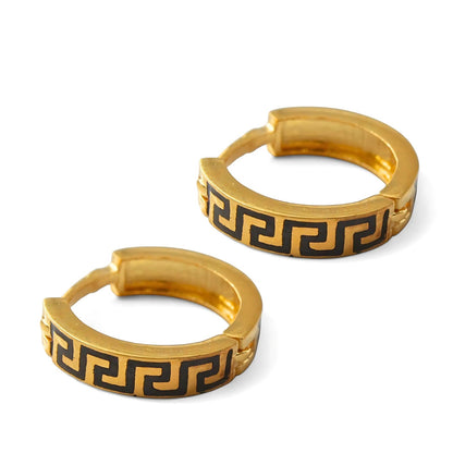 Greek Key Design hinged hoop Earrings 18k Solid Yellow Gold